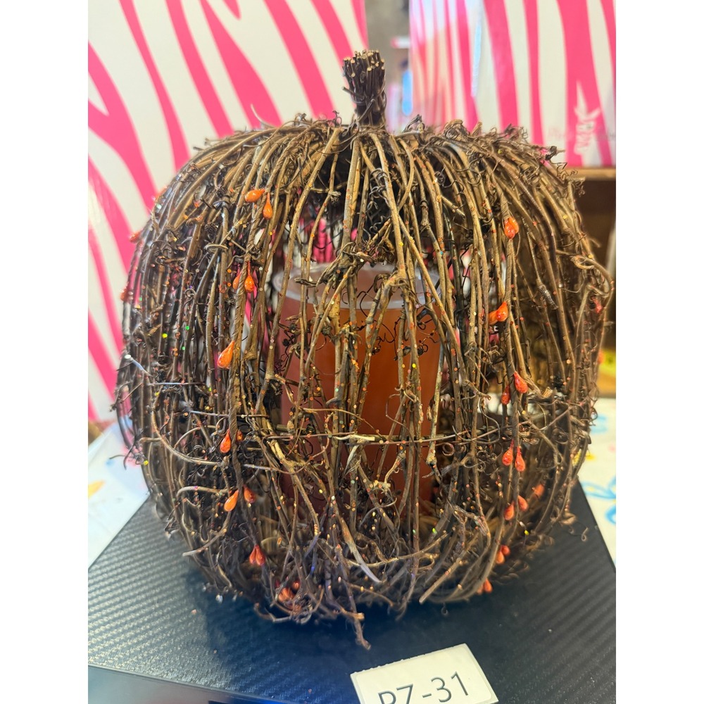 Pink Zebra Rustic Grapevine Twig Pumpkin Candle Holder Fall Decor Orange Berries